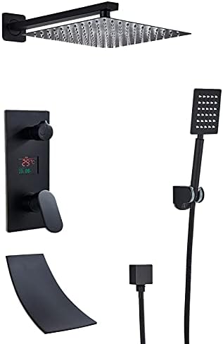 LED Digital Display Black Shower Faucet Set with Waterfall Tub Spout