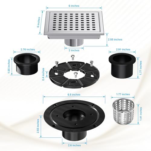 6 Inch Square Drain with Chrome Finish and Removable Cover