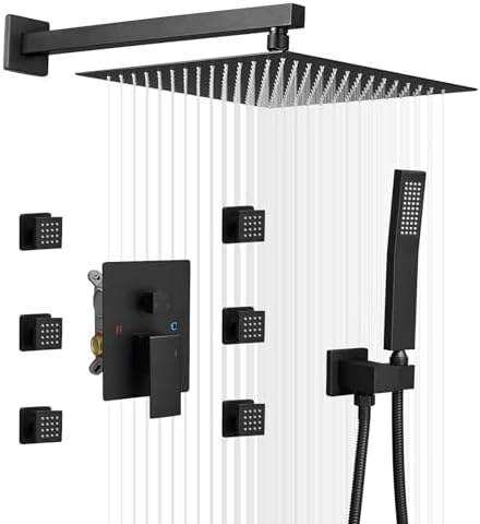BWE Black Rain Shower System with Body Jets and Handheld Sprayer