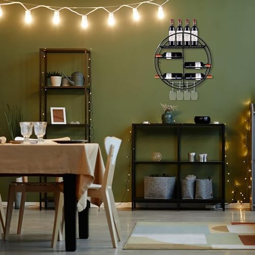 Round Wall Mounted Wine Rack Black and Gold Metal