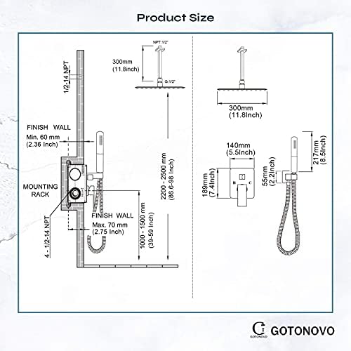 Gotonovo 12 Square Ceiling Mount Shower Faucet with 2-in-1 Handheld