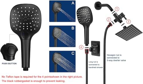 NearMoon Handheld Shower with 3 Settings and 8 Inch Matte Black Showerhead