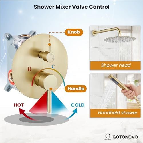 gotonovo Round Rain Showerhead with Handheld Spray and Rough In Valve