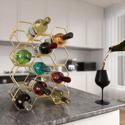 Buruis 14-Bottle Wine Rack with 3 Extra Slots Gold