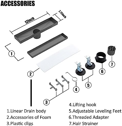 12 Inch Linear Shower Drain with Matte Black Hair Strainer 1