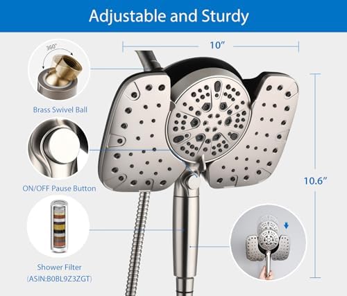 INAVAMZ 25GPM Nickel Shower Head with Handheld and 10 Spray Settings