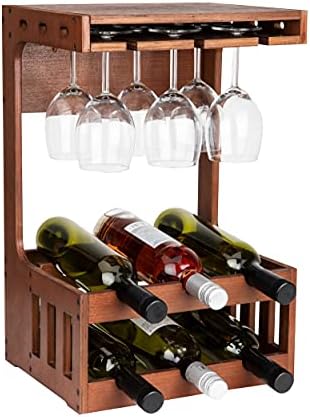 Mind Reader Wall-Mounted Wine Rack with Glasses 6-Bottle Capacity Brown