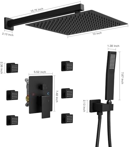 BWE Black Rain Shower System with Body Jets and Handheld Sprayer