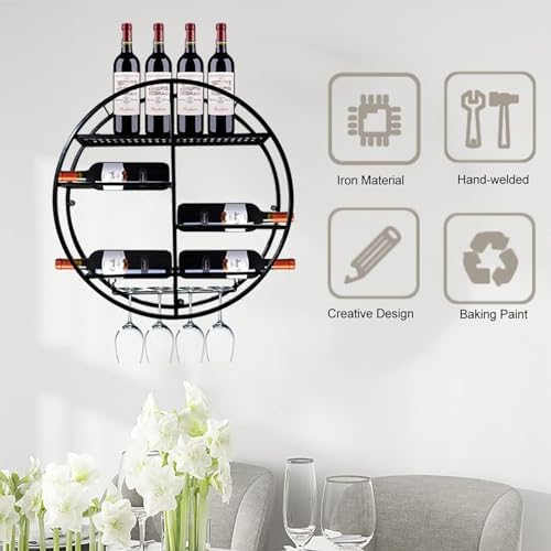 Round Wall Mounted Wine Rack Black and Gold Metal