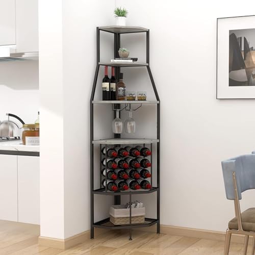 5-Tier Corner Wine Rack with Glass Holders Grey