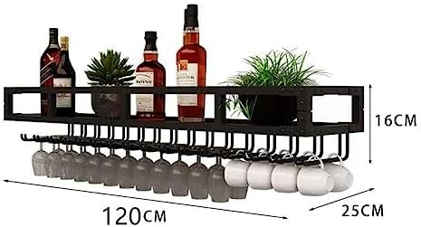 Wall Mounted Wine Rack with LED and Glass Holder - Black