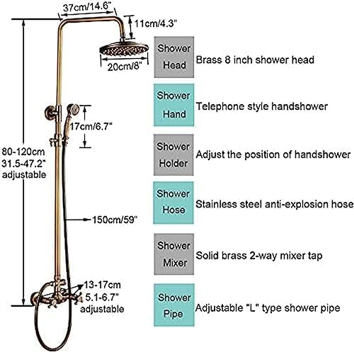 TECKI Antique Brass Shower Faucet Set with Rainfall Head