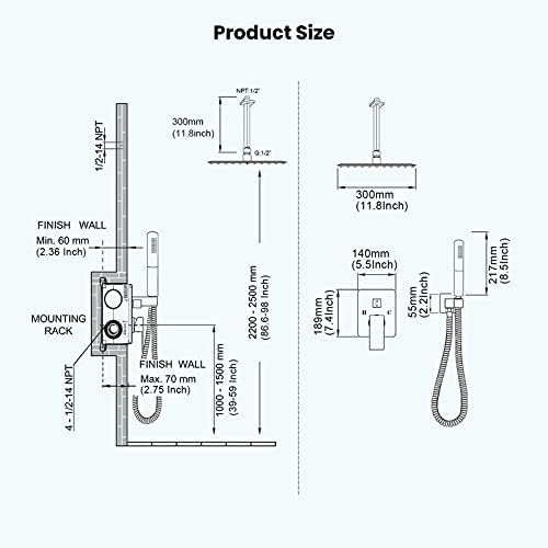 Ceiling Mount Shower Faucet with 12 Square Showerhead and Handheld