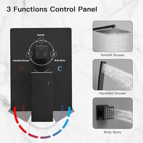 BWE Black Rain Shower System with Body Jets and Handheld Sprayer