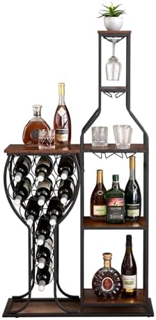 5 Tier Freestanding Wine Rack with Glasses Holder Brown