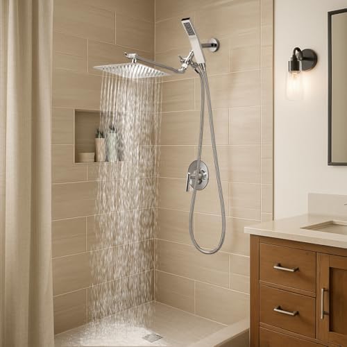 G-Promise 8 Inch Dual Square Shower Head with Handheld Combo - Chrome