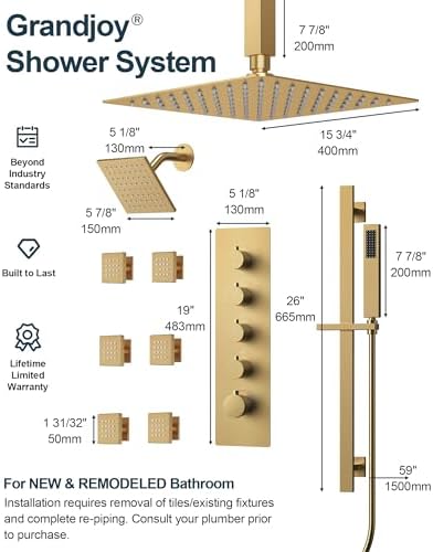 GRANDJOY Brushed Gold Thermostatic Shower System