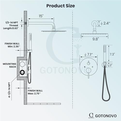 gotonovo Round Rain Showerhead with Handheld Spray and Rough In Valve