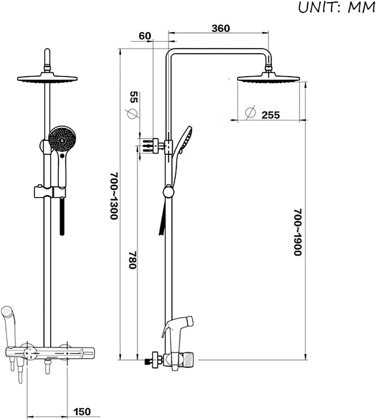 Thermostatic Shower System with Tub Spout and 3 Spray Modes