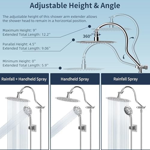 Hibbent All Metal Shower Head Combo with 7 Spray and 12 Arm