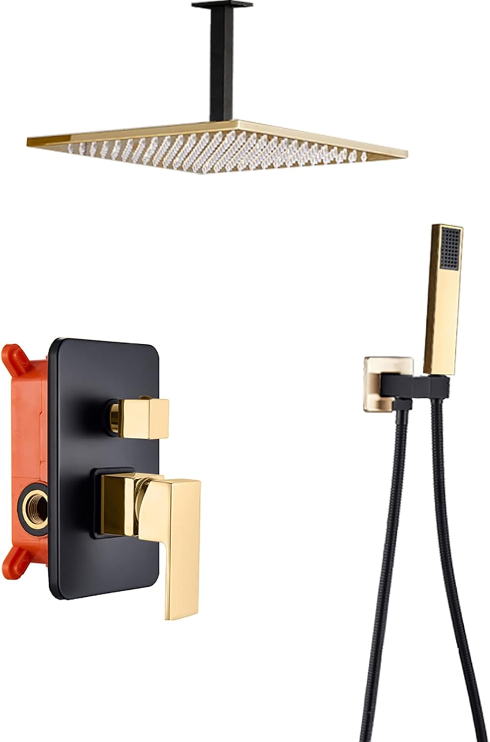 Black Gold Shower Faucet Set with Rain and Handheld Shower