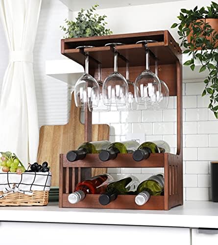 Mind Reader Wall-Mounted Wine Rack with Glasses 6-Bottle Capacity Brown