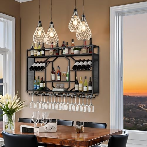 RAJYQODIS 4724in Wall-Mounted Wine Rack with Glass Holder