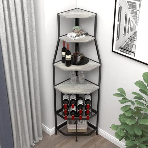 5-Tier Corner Wine Rack with Glass Holders Grey