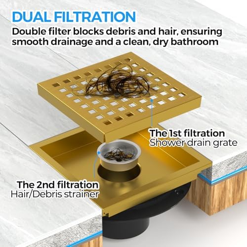 Zaa 6 Inch Square Shower Drain with Flange and Hair Strainer