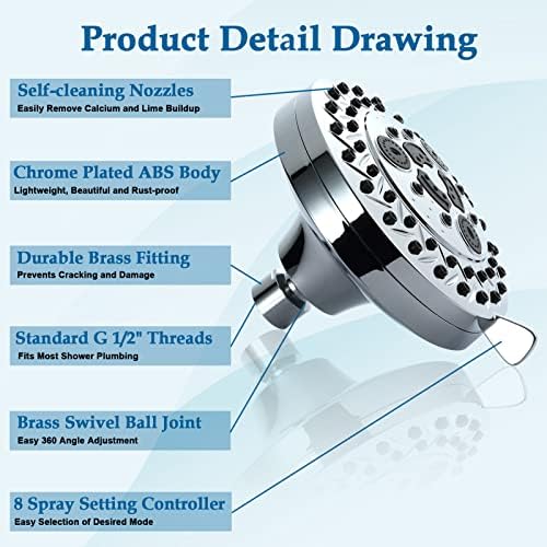 Aiscsc 8 Spray Modes Shower Head with 62 Nozzles