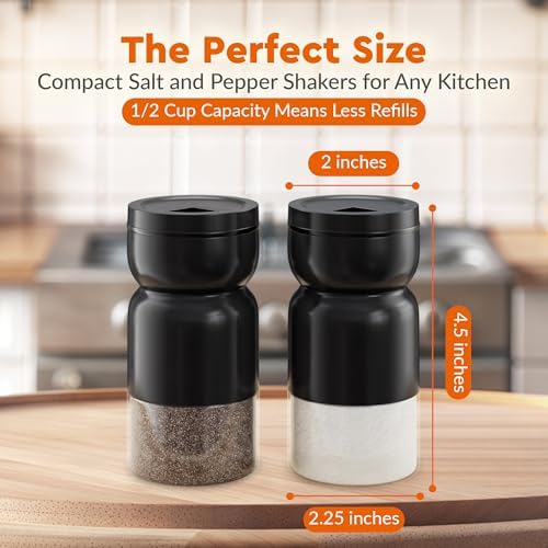 HOME EC Salt Pepper Shaker Set with Adjustable Pour Holes - Black Design