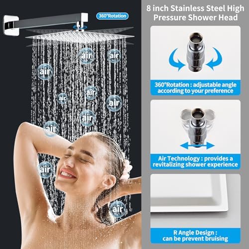 Hamckay 8 Inch Chrome Shower Faucet Set with Rain Head and Handheld