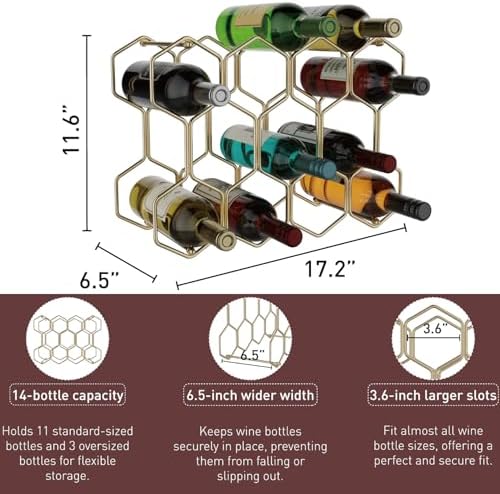 Buruis 14-Bottle Wine Rack with 3 Extra Slots Gold