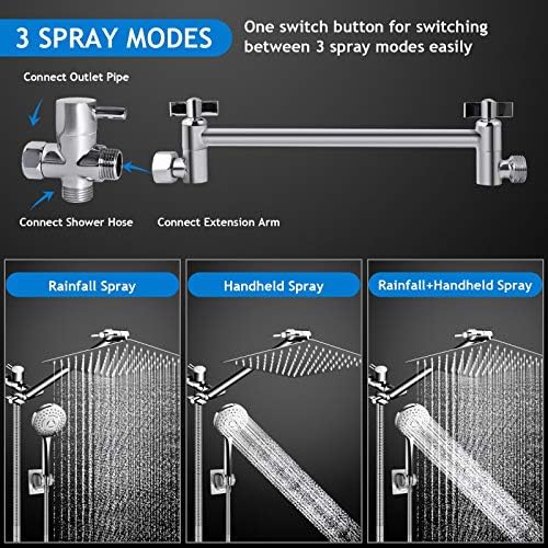 PinWin 12 Square Rain Showerhead with 5 Modes Handheld Combo