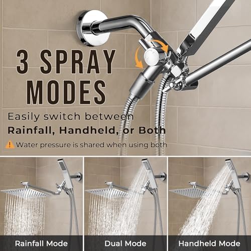 G-Promise 8 Inch Dual Square Shower Head with Handheld Combo - Chrome