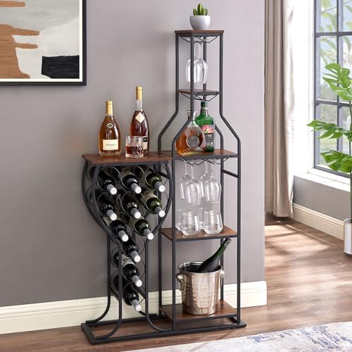 5 Tier Freestanding Wine Rack with Glasses Holder Brown