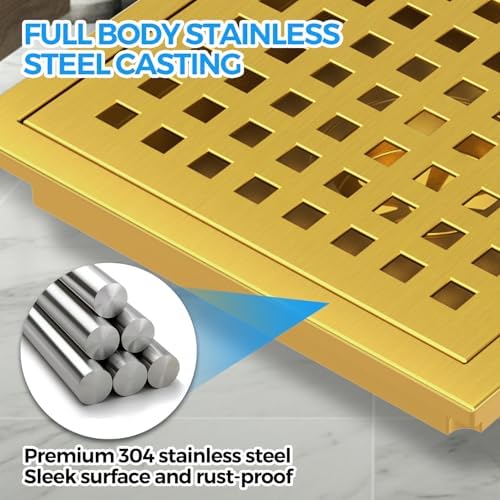 Zaa 6 Inch Square Shower Drain with Flange and Hair Strainer