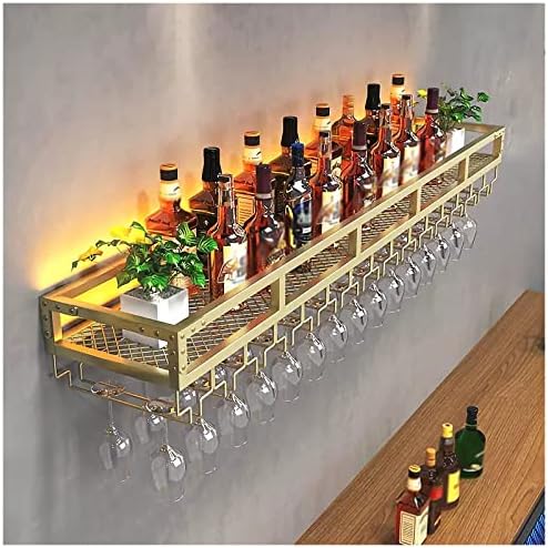 Wall-Mounted Metal Wine Rack with Glass Holder Gold 60x25x14cm