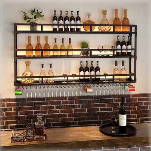 SilteD Wall-Mounted Wine Rack with LED 80x25x90cm Black Industrial Style