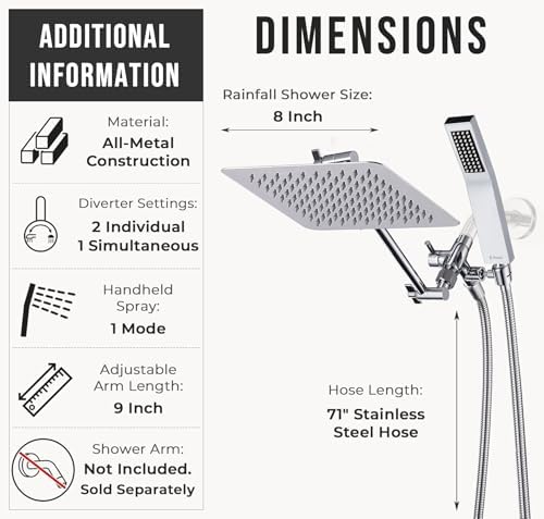 G-Promise 8 Inch Dual Square Shower Head with Handheld Combo - Chrome