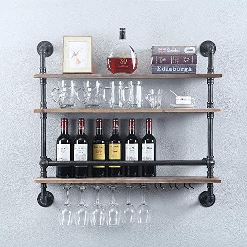 Pimex Wall-Mounted 3-Layer Wine Rack with Iron Frame and Glass Holders