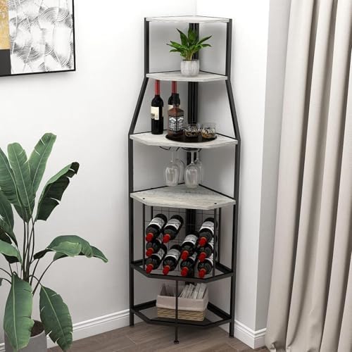 5-Tier Corner Wine Rack with Glass Holders Grey