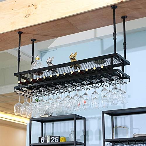 Industrial Hanging Wine Rack 2-Layer Metal Wall Mounted Glass and Bottle Holder