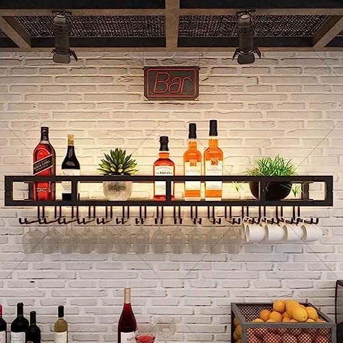 Wall Mounted Wine Rack with LED and Glass Holder - Black