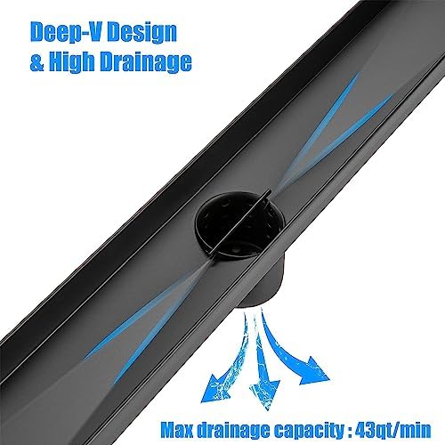12 Inch Linear Shower Drain with Matte Black Hair Strainer 1