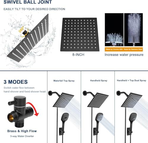 NearMoon Handheld Shower with 3 Settings and 8 Inch Matte Black Showerhead