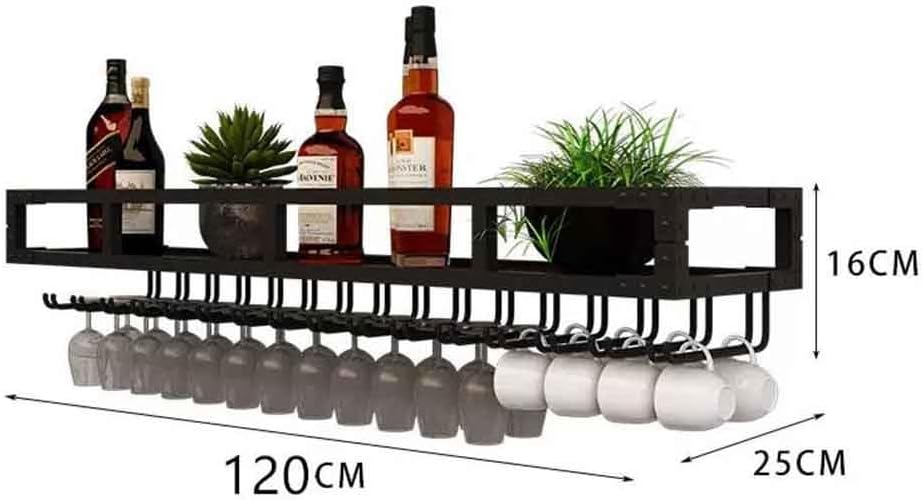 Wall Mounted Wine Rack with LED and Glass Holder - Black