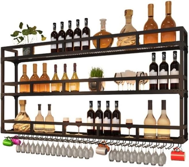 SilteD Wall-Mounted Wine Rack with LED 80x25x90cm Black Industrial Style