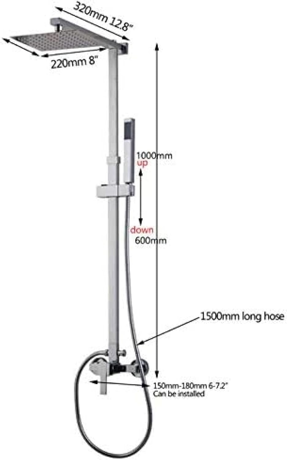 Chrome Finish Wall Mount 8 Inch Rain Shower Set with Adjustable Handheld