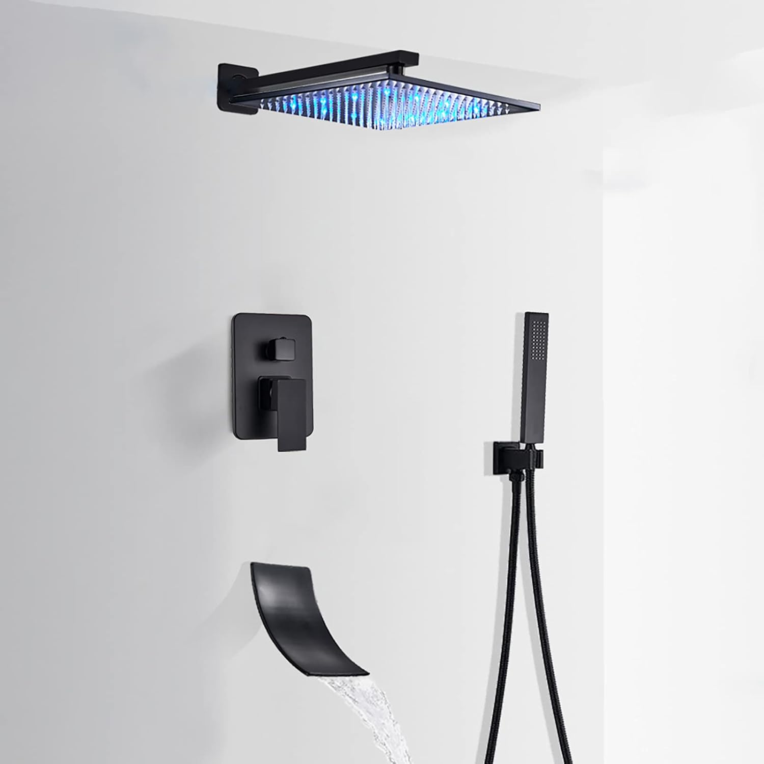 LED Shower Head Set with Waterfall Tub Spout and Handheld Shower